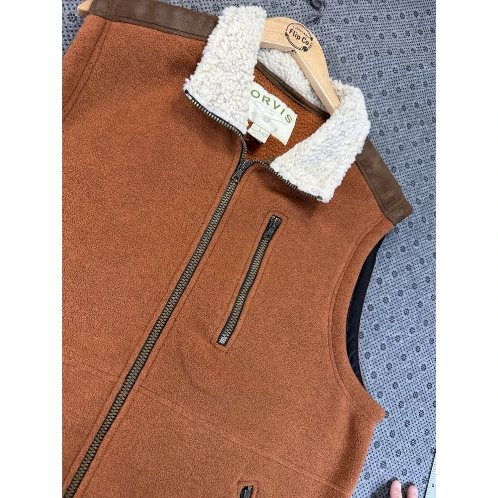 Orvis Full Zip Fleece Sherpa Collar Vest Men's Size Large Outdoors Rust Orange